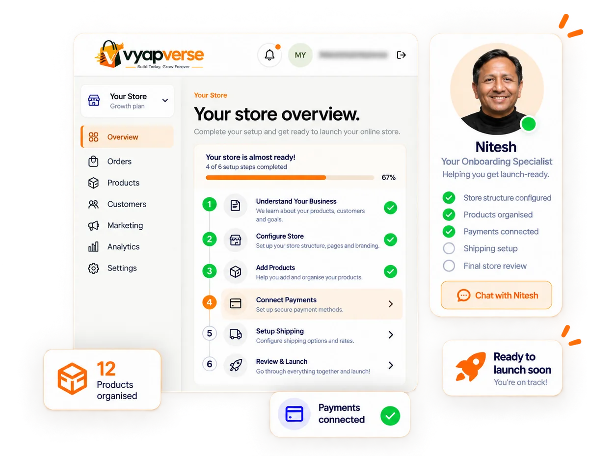 VyapVerse guided store setup with a dedicated onboarding specialist