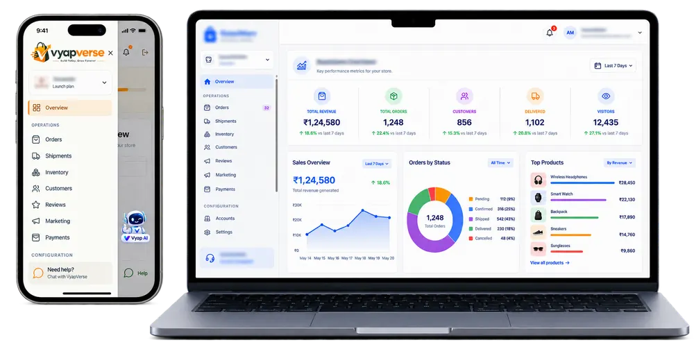 VyapVerse merchant dashboard on laptop and mobile